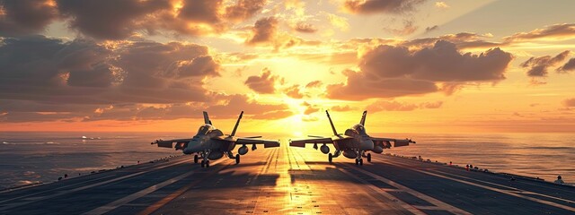 The dynamic sight of fighter jets launching from aircraft carriers, exemplifying the coordinated strength of air and naval capabilities. - obrazy, fototapety, plakaty