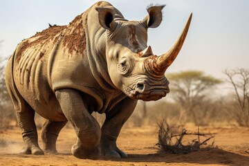 A black rhinoceros on the grasslands of the savannah . Endangered animals - obrazy, fototapety, plakaty