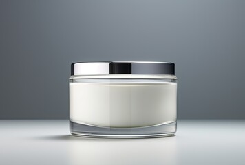 Gray background enhances the allure of cosmetic cream in a jar, providing generous copy space for product details.