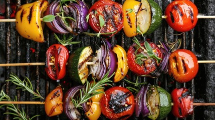 Savor the flavors of summer with BBQ grilled vegetables on skewers, adorned with fresh herbs and spices—a delightful outdoor barbecue treat, Ai Generated.
