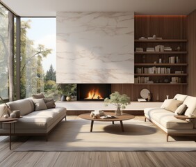 living room with big windows and stylish wooden furniturу in a chic expensive interior of a luxurious country house,