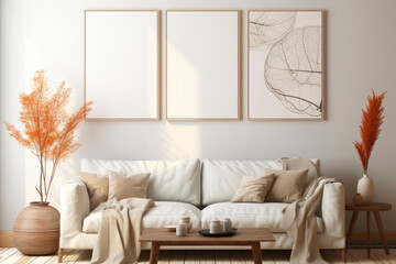 Modern minimalist living room interior in white colors with a sofa, pillows, dry plants and empty frames on the wall.