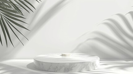 Elevate your product presentation on a white marble podium with palm leaves. Ai Generated.