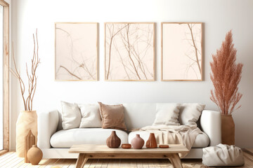 Modern minimalist living room interior in white colors with a sofa, pillows, dry plants and empty frames on the wall.