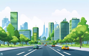 Flat vector cartoon style illustration of urban landscape road with cars, beautiful city view