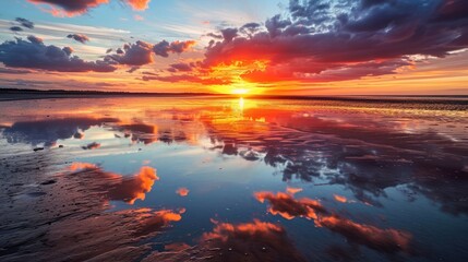 Experience the beauty of a vibrant sunset, with clouds reflected on wet sand at low tide. Ai Generated.