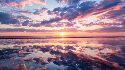 Experience the beauty of a vibrant sunset, with clouds reflected on wet sand at low tide. Ai Generated.