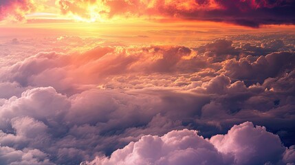 Delve into an extra-wide format illustration of a heavenly sunset above the clouds. Hopeful and...