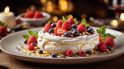 Pavlova cake with whipped cream, fresh berries and caramel - obrazy, fototapety, plakaty