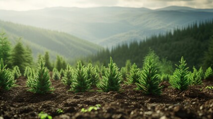 Engage in the noble act of planting new conifer trees on a mountain, enriching the landscape. Ai Generated.
