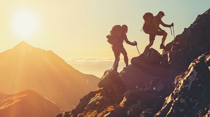 Witness the camaraderie as a hiker helps their friend reach the mountain top summit. Ai Generated. - obrazy, fototapety, plakaty