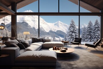 A stylish large room with a sofa, a dining room and large floor-to-ceiling windows, WITH snowy mountains OUTSIDE the window
