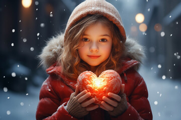 Cute girl holding a glowing red heart in a snowy. Valentine’s Day, Kindness, and Help Concept. Generative Ai.