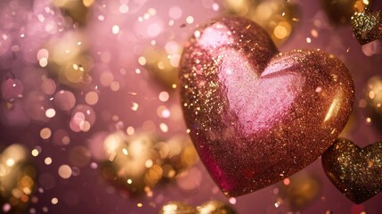 Obraz premium An attractive pink and gold heart, radiating warm colors, adorned with many small gold hearts, creates an abstract background for the concepts of like, love, and thank you, Ai Generated.