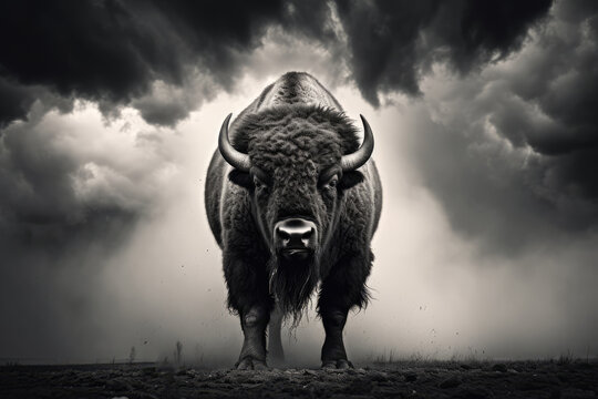 
Black and white photograph of a bison during a thunderstorm, capturing the dramatic mood and power of nature