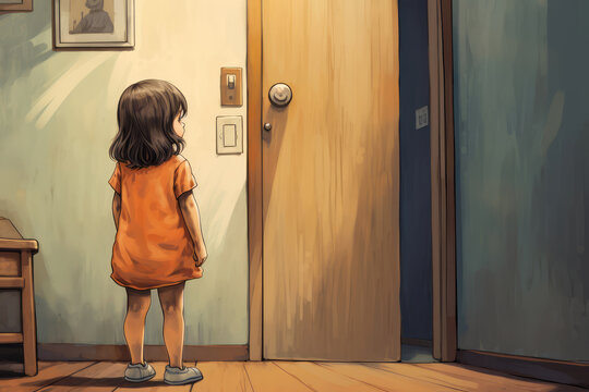 
Illustration of a 3-year-old French girl staring at the door, hoping for her parents to return, in a daycare room