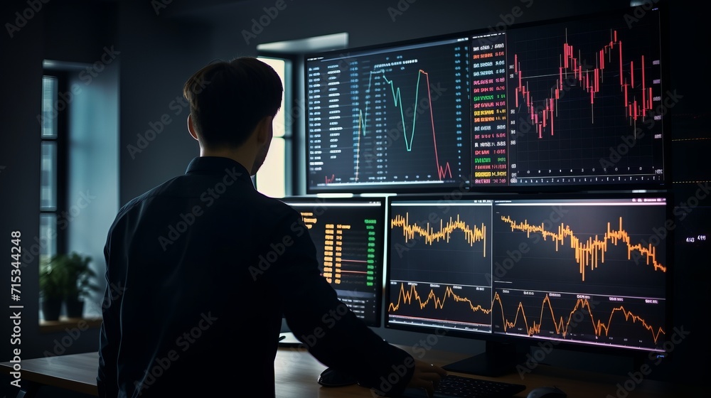 Poster financial analysts reviewing stock market data on multiple monitors in a monitoring room with charts