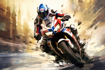 A rider on a motorcycle during the race. Drawing