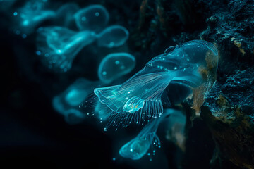 Obraz na płótnie Canvas Underwater microcosm, luminous single-celled organisms on a black background