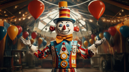 A circus themed robot with juggling arms and a clown