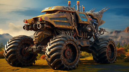 Fototapeta na wymiar A monster truck robot with giant wheels and a roaring engine