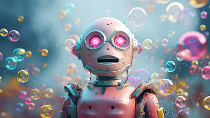 A robot with a bubble machine surrounding itself