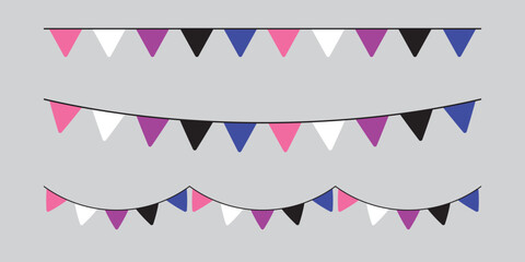 Pink, white, purple, black and blue colored party bunting, as the colors of the genderfluid flag. LGBTQI concept. Flat design illustration.	