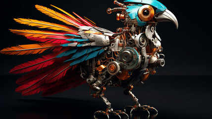 Feathered robot with colorful birdlike feathers machine