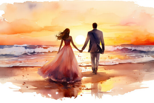 
Watercolor illustration of a couple holding hands, their silhouettes against a sunset on the beach