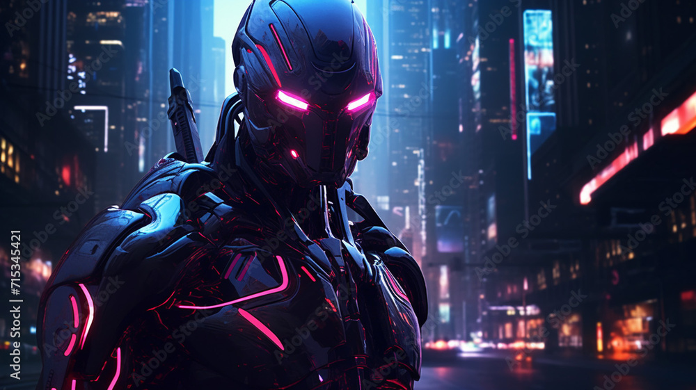 Wall mural neon it robot in a cyberpunk style with glowing line