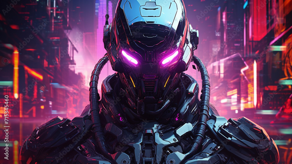 Wall mural neon it robot in a cyberpunk style with glowing line design