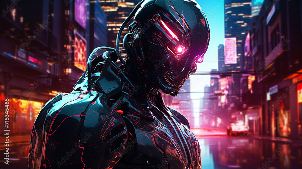 Wall mural neon it robot in a cyberpunk style with glowing line future