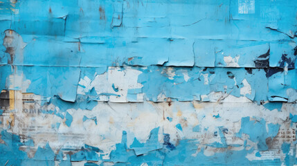 Torn black and azure blue posters glued on billboard with old dirty peeling paper. Abstract and creative background of ripped magazine paper. - obrazy, fototapety, plakaty