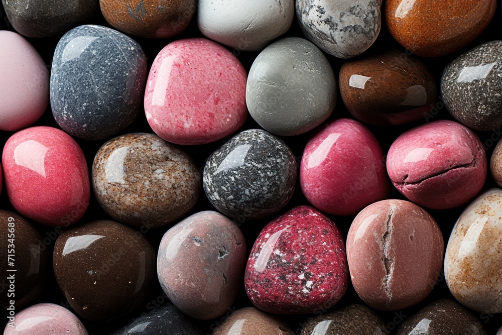 Poster a close up of a group of rocks with different colors of rocks in the middle of the picture and the r