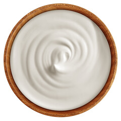 Sour Cream in wooden bowl, Mayonnaise, Yogurt, isolated on white background, full depth of field