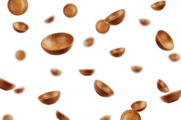 Falling Wooden Bowl, plate, isolated on white background, selective focus