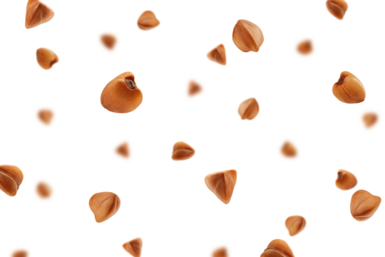 Falling Buckwheat isolated on white background, selective focus