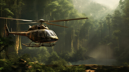 A rustic wood paneled helicopter touring over an ancient - obrazy, fototapety, plakaty