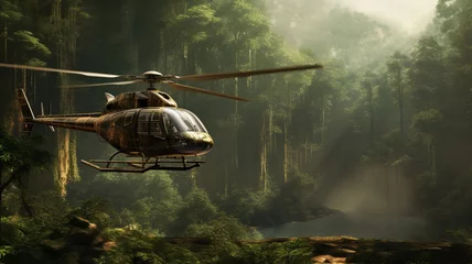 Foto op Plexiglas A rustic wood paneled helicopter touring over an ancient © BornHappy