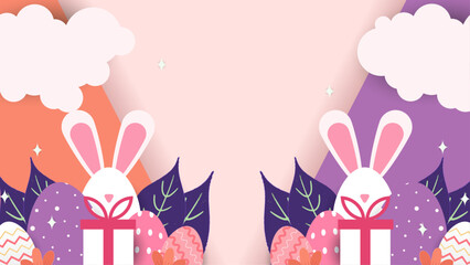 Colorful colourful vector gradient happy easter day background with decorative eggs. Vector easter illustration flyer template