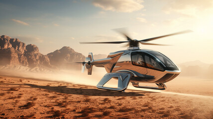 A sleek silver solar powered helicopter flying above