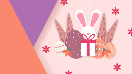Colorful colourful vector happy easter background. Greeting card, poster or background with bunny, flowers and easter egg. Egg hunt poster. Vector easter illustration flyer template