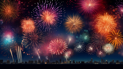 Fototapeta na wymiar Beautiful fireworks background at night for holiday decoration