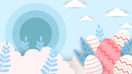 Fototapeta na wymiar White blue and pink simple vector easter background template with eggs and flower. Vector easter illustration flyer template