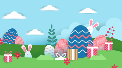 Colorful colourful vector happy easter background. Greeting card, poster or background with bunny, flowers and easter egg. Egg hunt poster. Vector easter illustration flyer template