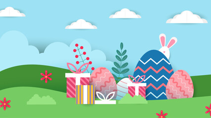 Colorful colourful vector gradient happy easter day background with egg and flower. Vector easter illustration flyer template