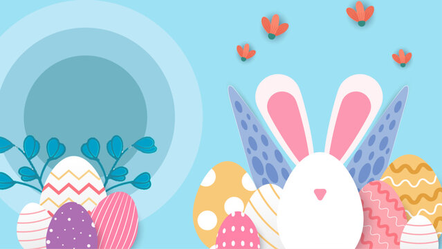Colorful colourful vector gradient background for easter celebration with egg and flower. Vector easter illustration flyer template