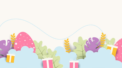 Colorful colourful vector happy easter day in paper style with egg and flower. Vector easter illustration flyer template