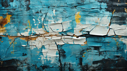 Torn black and azure blue posters glued on billboard with old dirty peeling paper. Abstract and creative background of ripped magazine paper. - obrazy, fototapety, plakaty
