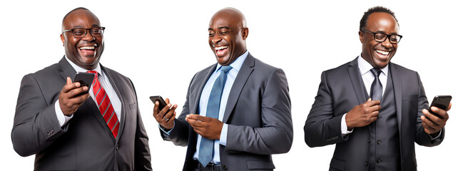 Set of happy African American businessmen with cell phones, cut out